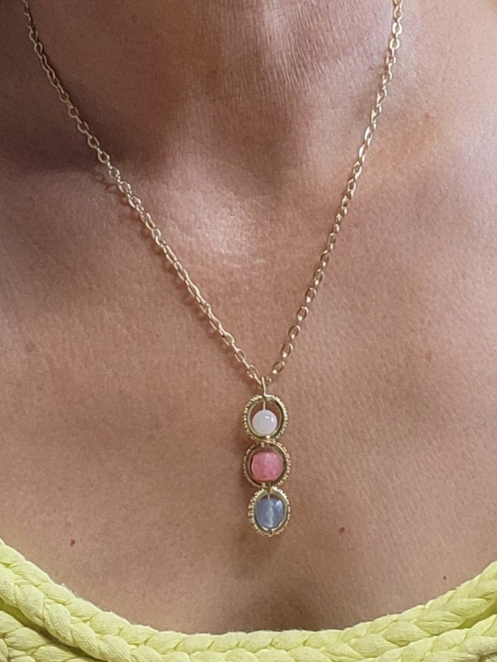Handmade Three-Stone Pendant Necklace Gold ,Quartz Tourmaline and Aquamarine